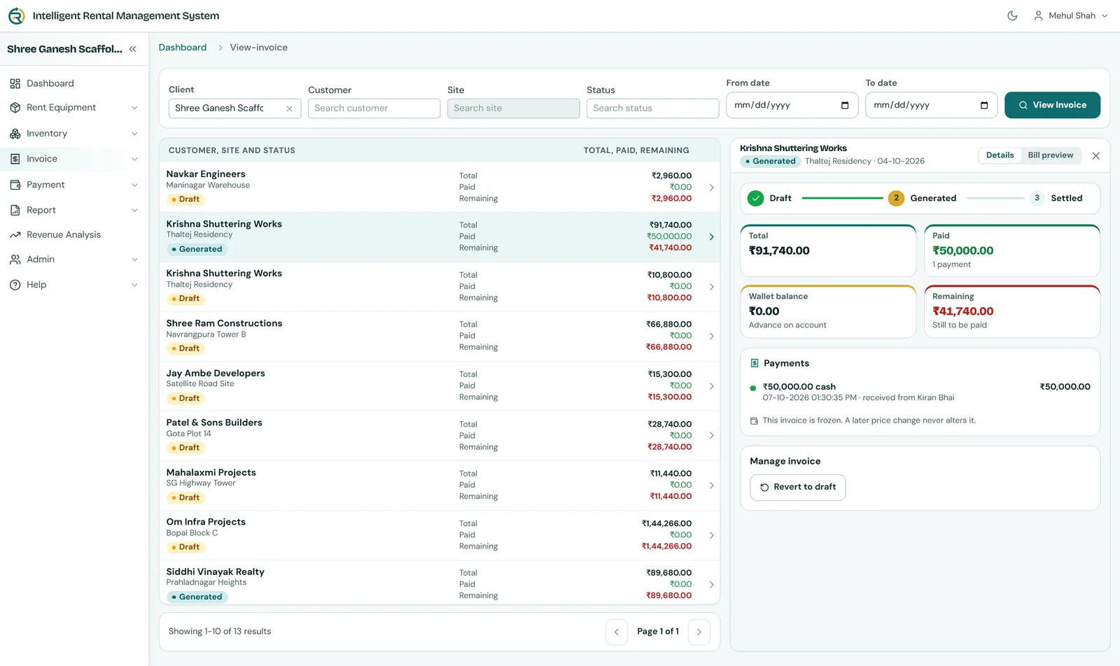 Invoices and payments side by side