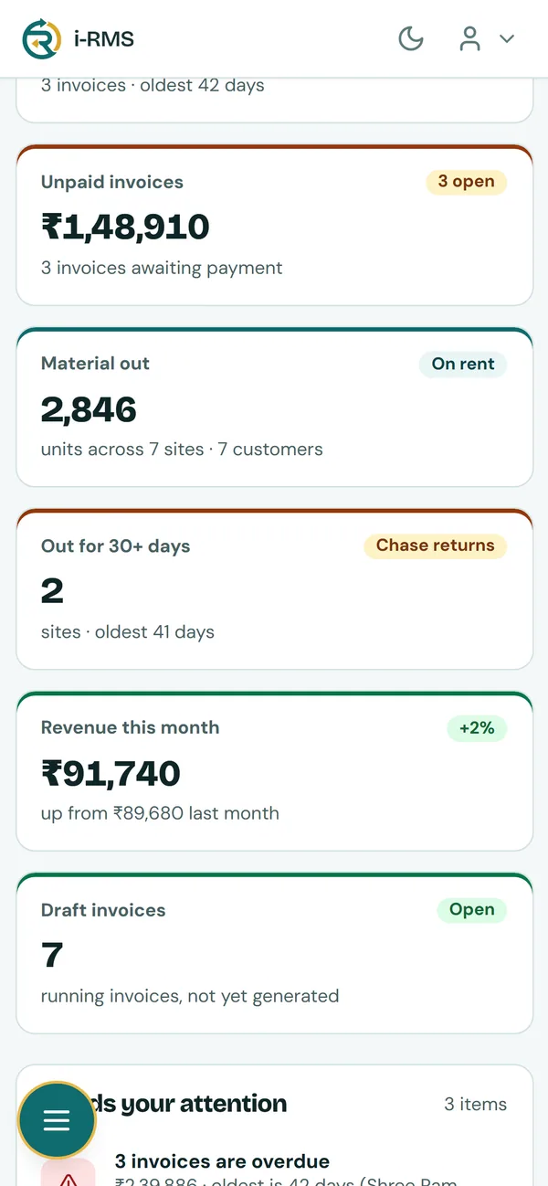 The i-RMS dashboard on a PC and on a phone, showing overdue amount, unpaid invoices, material out and revenue
